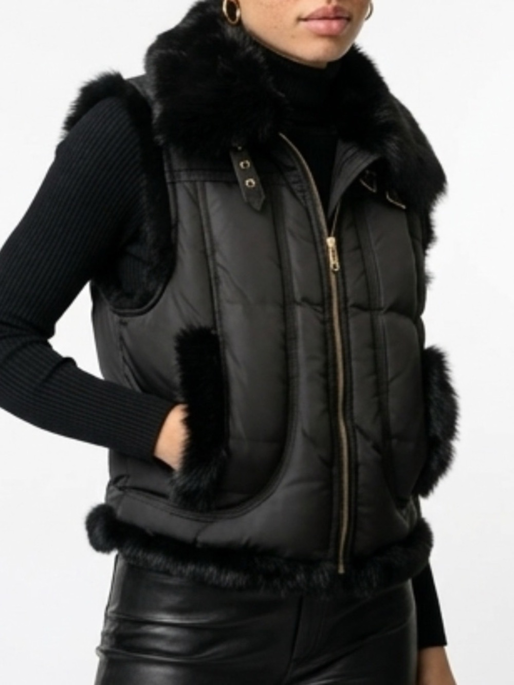 GUESS Black Down Puffer Vest Rabbit Fur Trim Hooded XS Y2K Glam Gold Hardware